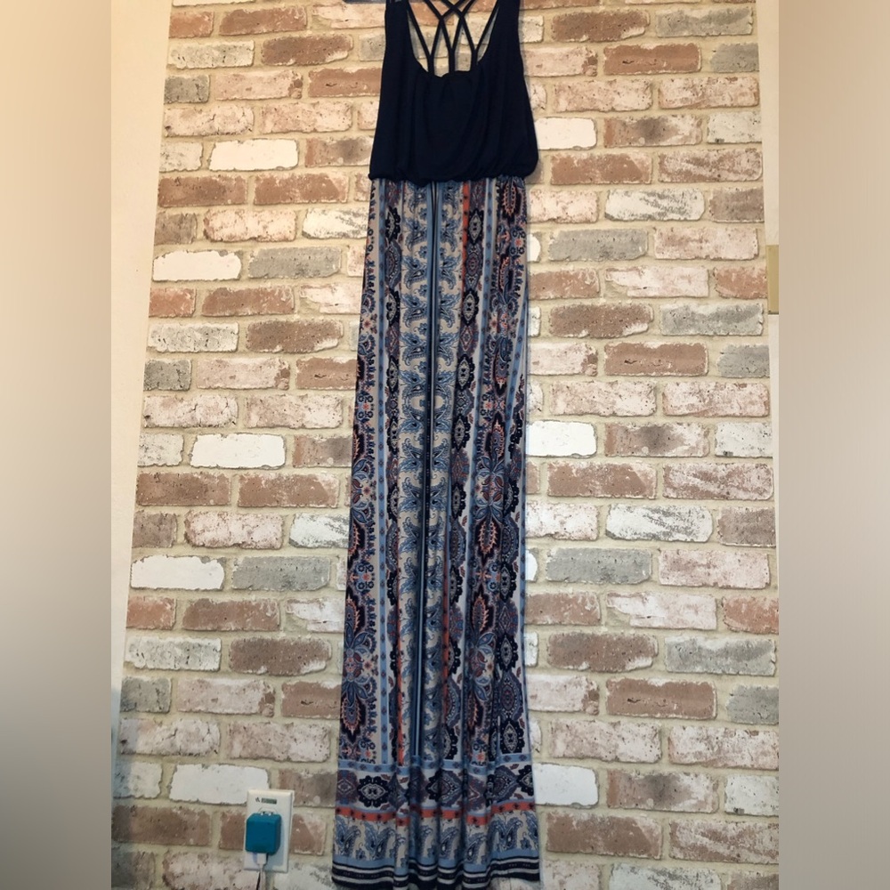 Three Pink Hearts, Maxi Dress, Navy Bust with Floral Boho Blue/Coral Skirt SizeS